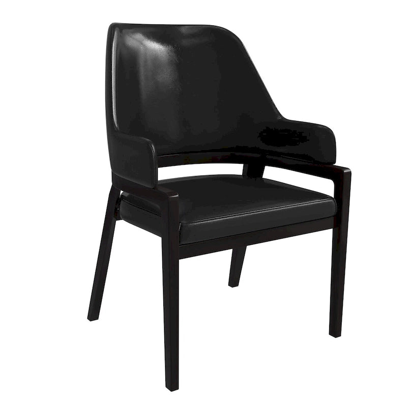 Chaise de salle à manger en cuir avec dossier ouvert incurvé et pieds en bois d'hévéa