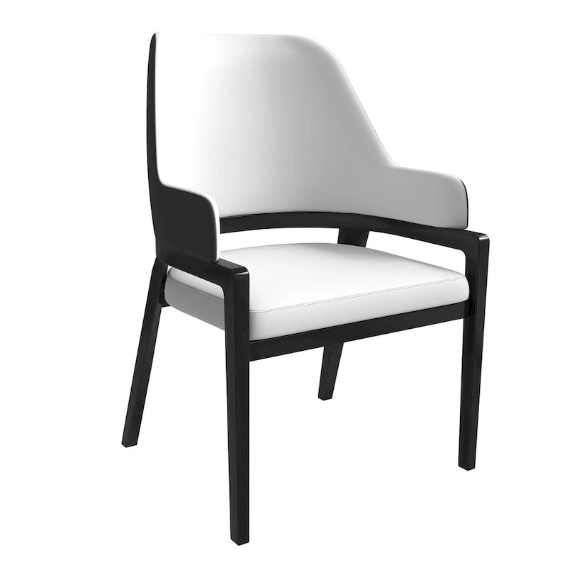 Chaise de salle à manger en cuir avec dossier ouvert incurvé et pieds en bois d'hévéa