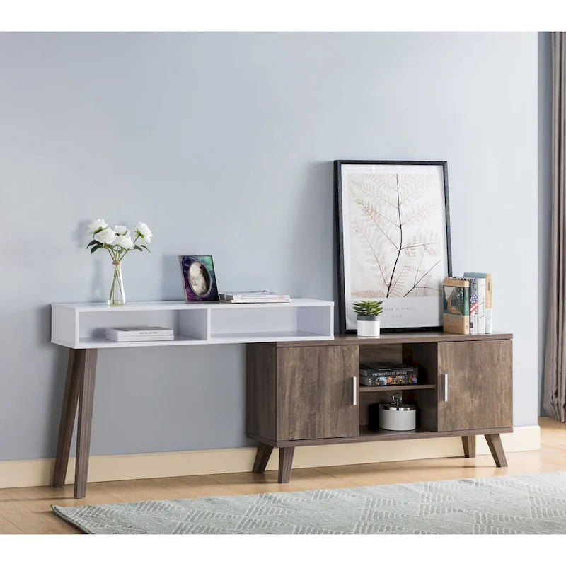 Console d'entrée avec compartiments de rangement multiples, meuble vitrine, noisette et blanc