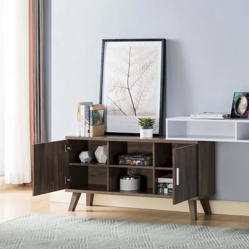 Console d'entrée avec compartiments de rangement multiples, meuble vitrine, noisette et blanc