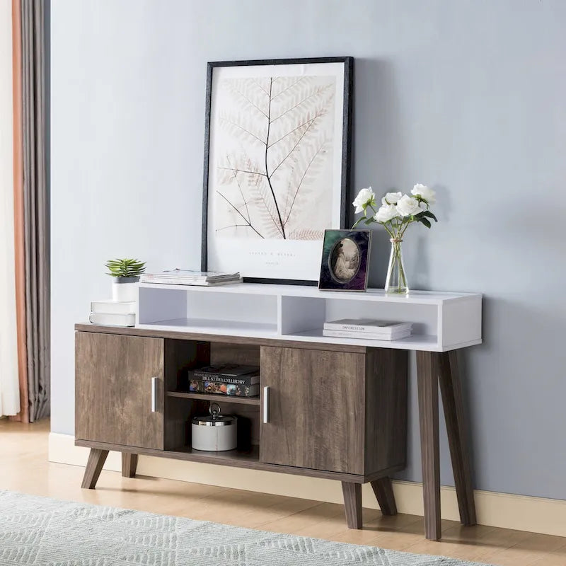 Console d'entrée avec compartiments de rangement multiples, meuble vitrine, noisette et blanc